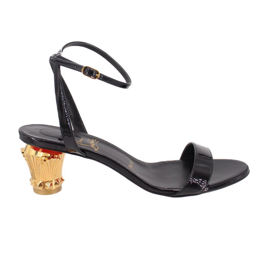 Black patent heeled sandals with ankle T-strap and ribbed gold block heel