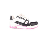 White and black low-top sneakers with pink trim, perforated panel, lace-up