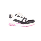 White and black low-top sneakers with pink trim, perforated panel, lace-up