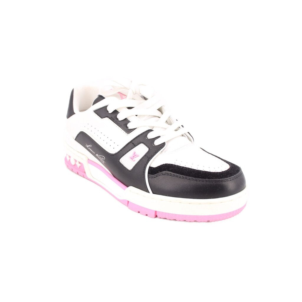 White and black lace-up sneakers with pink outsole and side LV-style logos