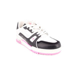 White and black lace-up sneakers with pink outsole and side LV-style logos
