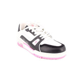 White and black lace-up sneakers with pink outsole and side LV-style logos