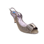 Silver glitter peep-toe slingback heels with ankle strap and slim heel