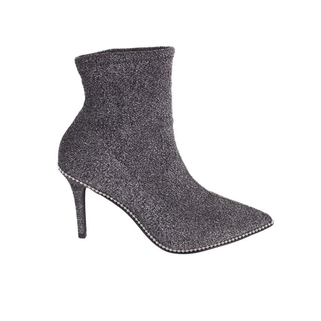 Silver glitter ankle boots with pointed toe and slim stiletto heel