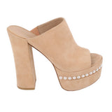 Nude suede platform heeled slide sandals with pearl-studded midsole