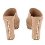 Nude suede platform heeled mules with pearl-studded strap detail at heel