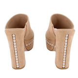 Nude suede platform heeled mules with pearl-studded strap detail at heel