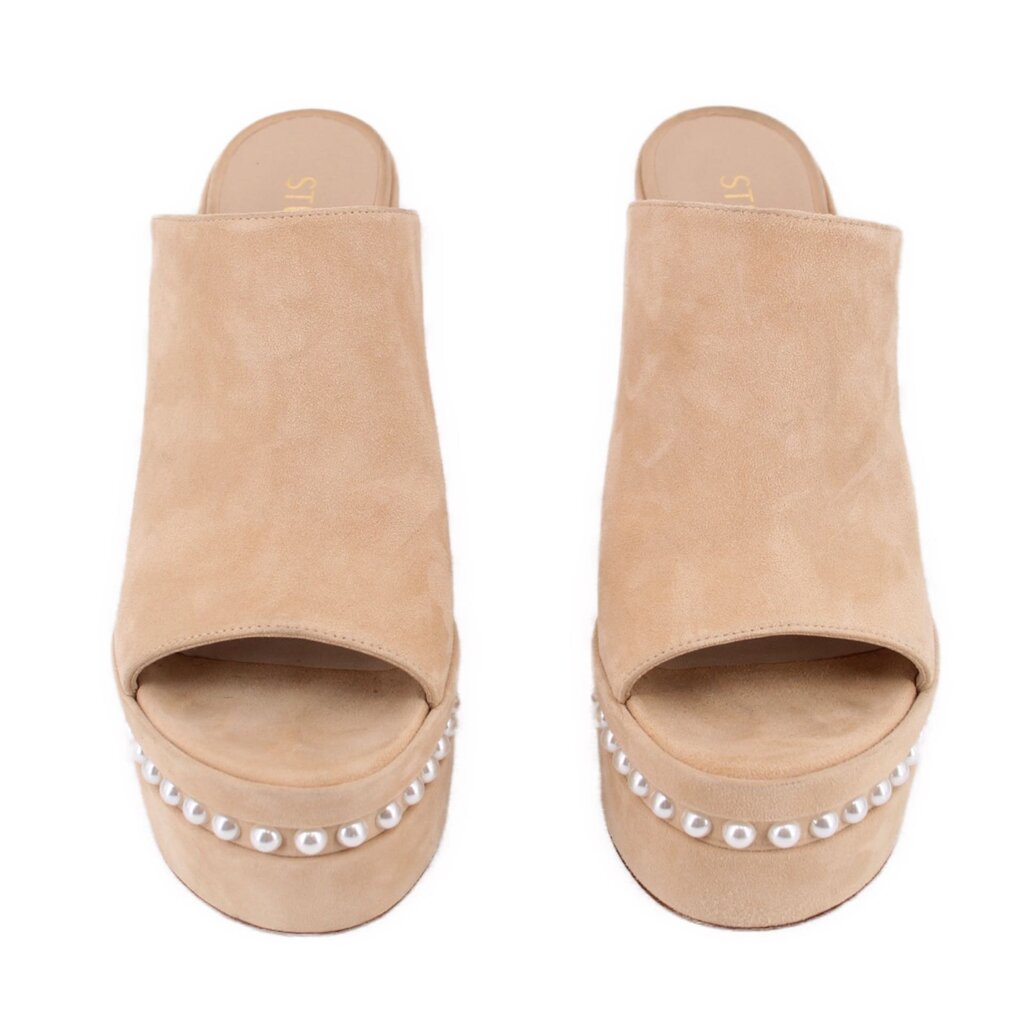 Nude suede peep-toe platform slide sandals with pearl-studded front band