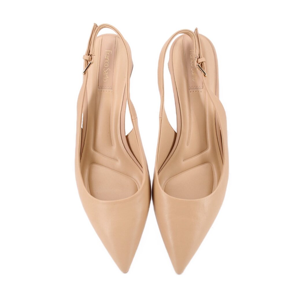 Nude slingback heels side-view pair with pointed toe and ankle strap buckle