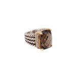 Smoky topaz and diamond cocktail ring with braided sterling silver band, gold bezel