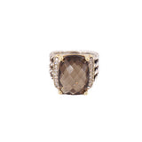 Smoky topaz ring with diamond-set shoulders and cushion stone in gold bezel on silver