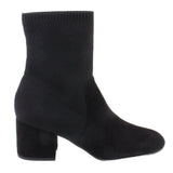 Black knit ankle boots with ribbed shaft and mid block heel