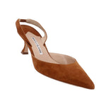 Brown suede slingback heels with pointed toe and thin ankle strap