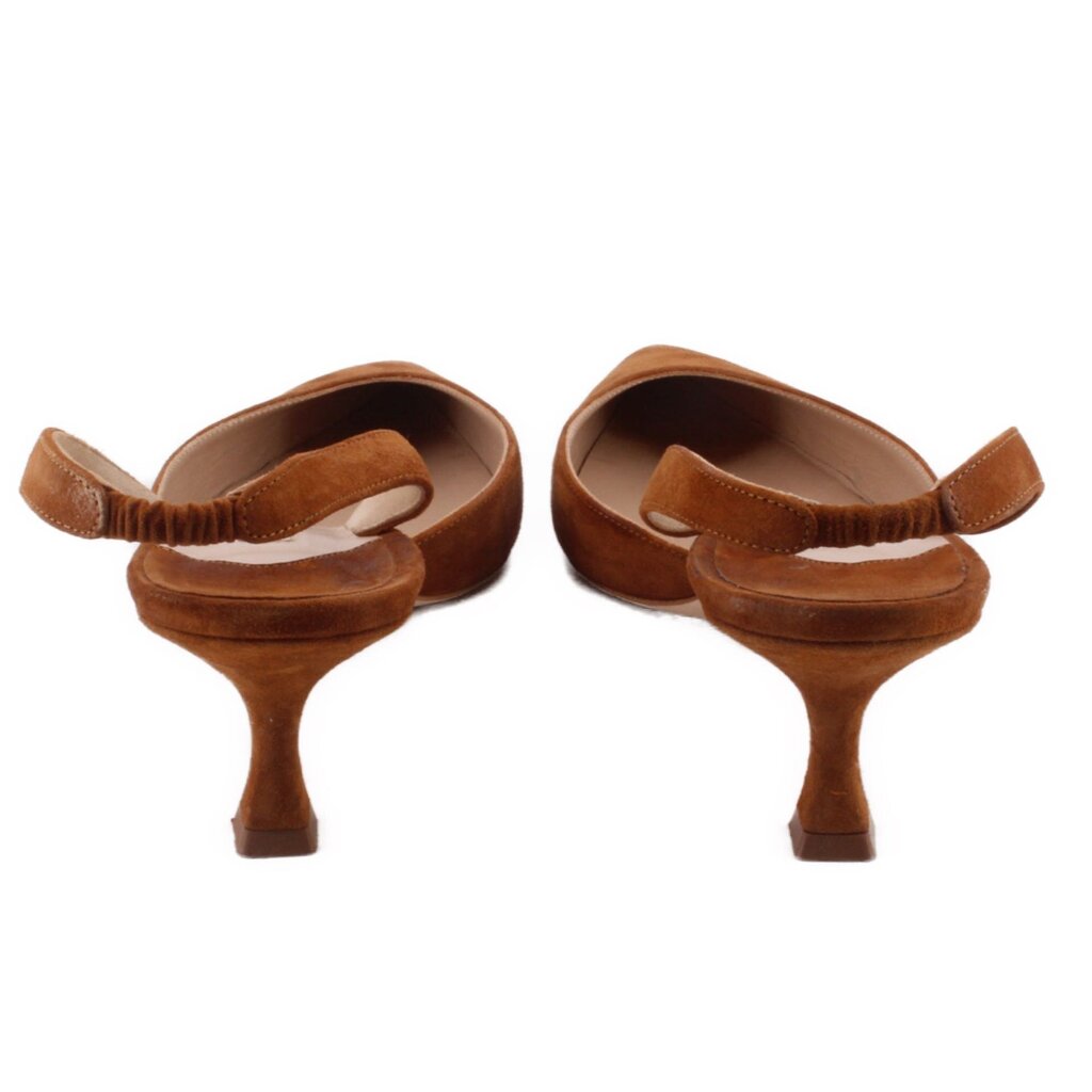 Brown suede heeled slingbacks, showing heel and back strap