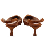 Brown suede heeled slingbacks, showing heel and back strap