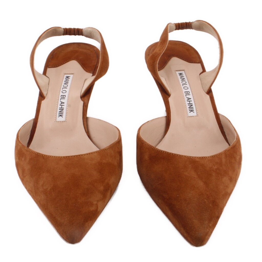 Brown suede slingback heels with V-shaped topline and pointed toe