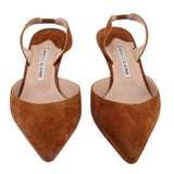 Brown suede slingback heels with V-shaped topline and pointed toe