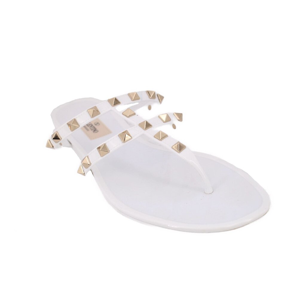 White Valentino rubber Rockstud slide sandals with gold pyramid studs on strap