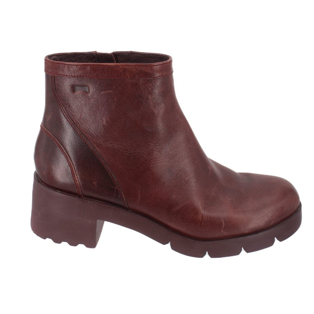 Camper maroon leather ankle booties with lug sole and folded cuff