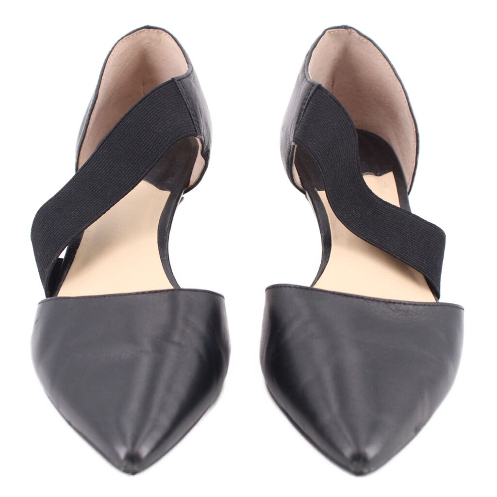 Pair of black kitten heels with elastic slingback straps and tapered heel