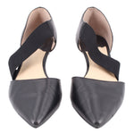 Pair of black kitten heels with elastic slingback straps and tapered heel