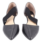 Pair of black kitten heels with elastic slingback straps and tapered heel