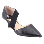 Black kitten heel pumps with pointed toe and wide elastic slingback strap
