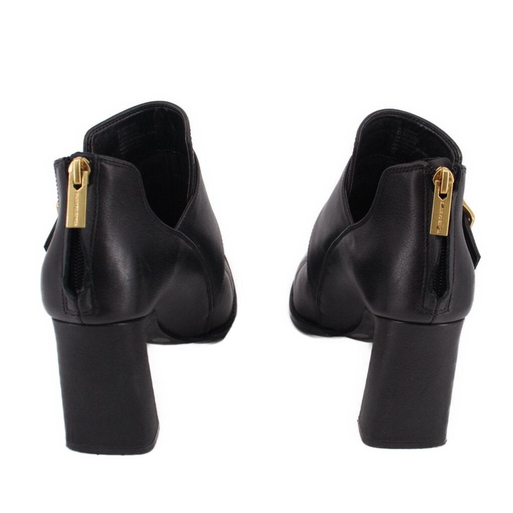 Black leather ankle booties with side buckle and stacked block heel
