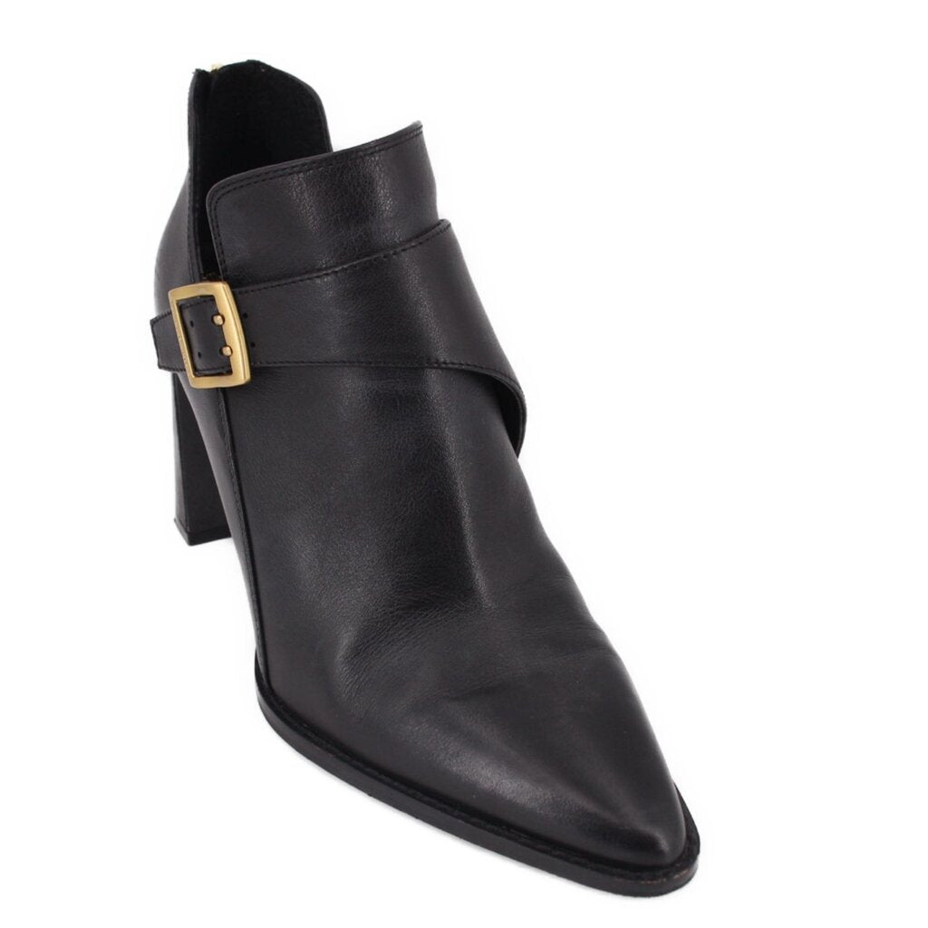 Black leather ankle booties with side buckle strap and block heel