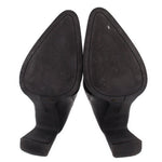 Pair of black ankle booties, heel and back view with textured lining