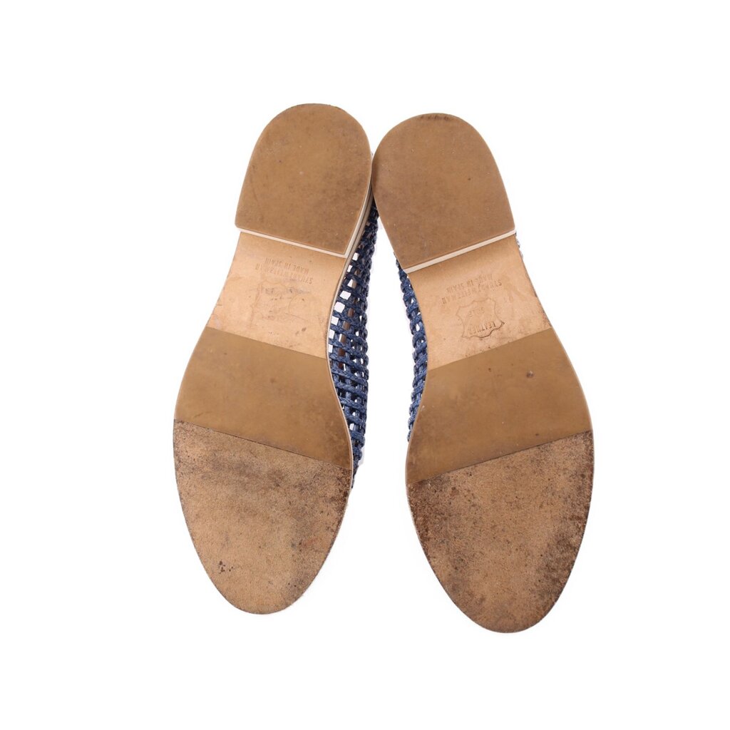 STUART WEITZMAN blue woven lace-up loafers, tan rubber outsole bottoms