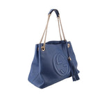GUCCI Soho chain tote bag in blue leather with embossed logo, gold chain strap, and tassel.