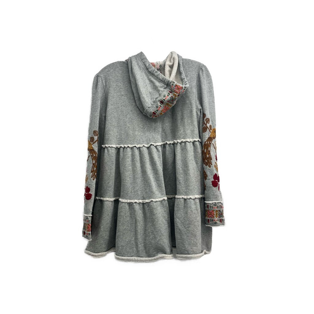 Gray embroidered hooded jacket with floral sleeves and gathered yoke