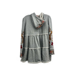 Gray embroidered hooded jacket with floral sleeves and gathered yoke