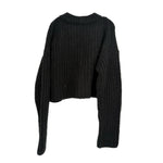 Black chunky knit sweater, crew neck, cropped silhouette with long sleeves