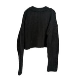Black chunky knit sweater, crew neck, cropped silhouette with long sleeves