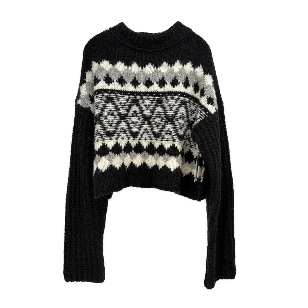 Black chunky knit sweater with fair isle yoke, crew neck, cropped long sleeves