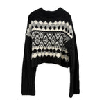 Black chunky knit sweater with fair isle yoke, crew neck, cropped long sleeves