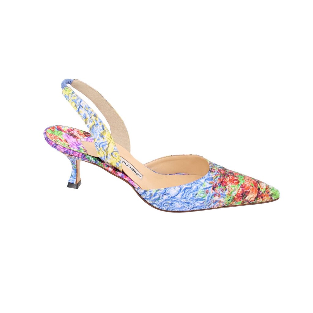 Blue-and-multicolor floral slingback heel with slim stiletto and open back