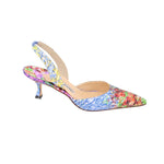 Blue-and-multicolor floral slingback heel with slim stiletto and open back