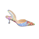 Blue-and-multicolor floral slingback heel with slim stiletto and open back