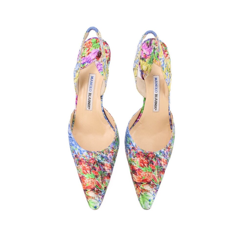 Floral pointed-toe slingback heels with stiletto heel, blue-toned multicolor