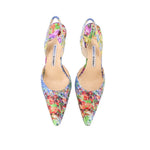 Floral pointed-toe slingback heels with stiletto heel, blue-toned multicolor