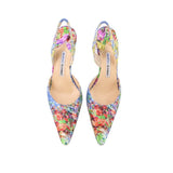Floral pointed-toe slingback heels with stiletto heel, blue-toned multicolor