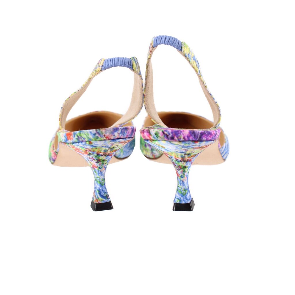 Slingback floral heels with stiletto heel, blue-toned multicolor print
