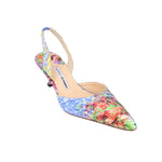 Pointed-toe slingback floral heel with slim stiletto, blue-and-pink print