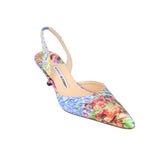 Pointed-toe slingback floral heel with slim stiletto, blue-and-pink print