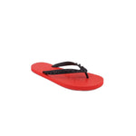 Red thong sandals with black T-strap and studded detail across the top