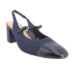 Blue denim slingback heel with black leather toe, mid block heel and buckle strap
