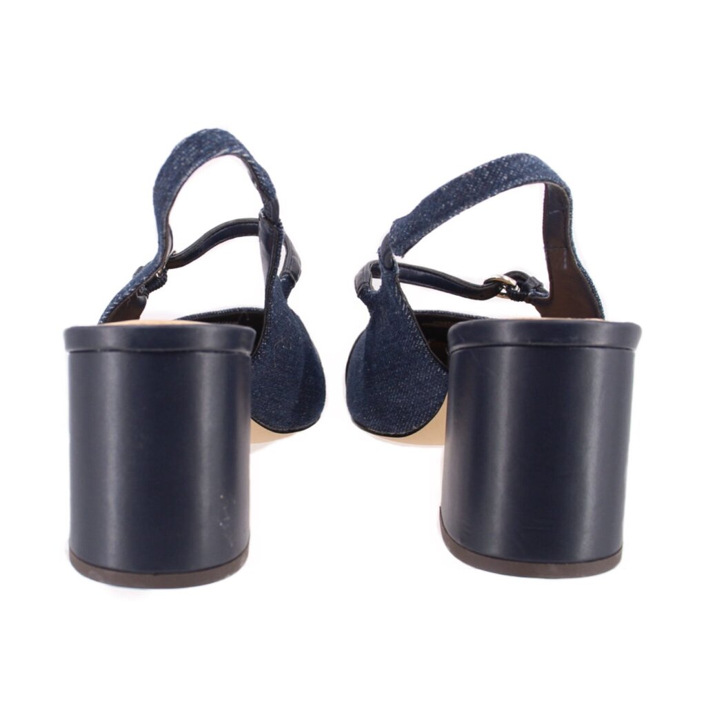 Back view of blue denim slingback heels with black leather lining and block heel